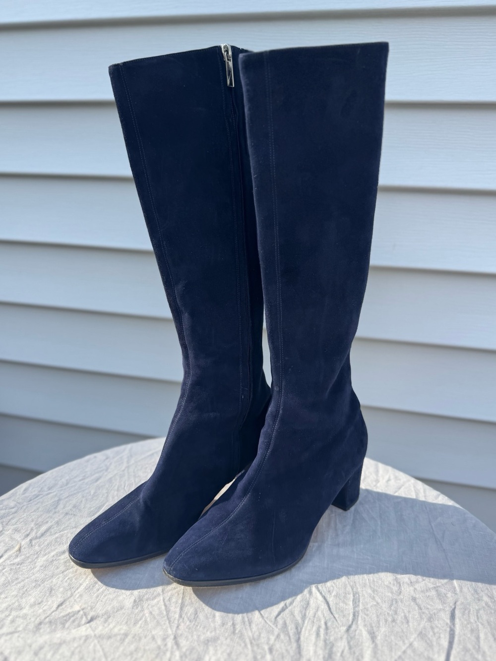 Theory Italy Suede Luxury Knee High Boots Navy Zipper mid chunky heel 39 8.5